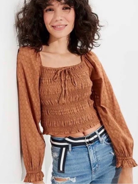 American Eagle Outfitters Tops - AEO XL halter body puff sleeve 100% cotton brown boho shabby chic coquette top